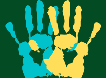 Two open palm hands overlapping each other. Blue hand on the left, Yellow hand on the right.