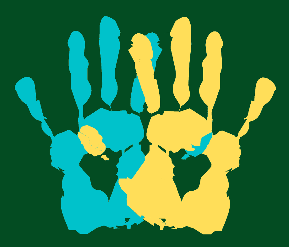 Two open palm hands overlapping each other. Blue hand on the left, Yellow hand on the right.
