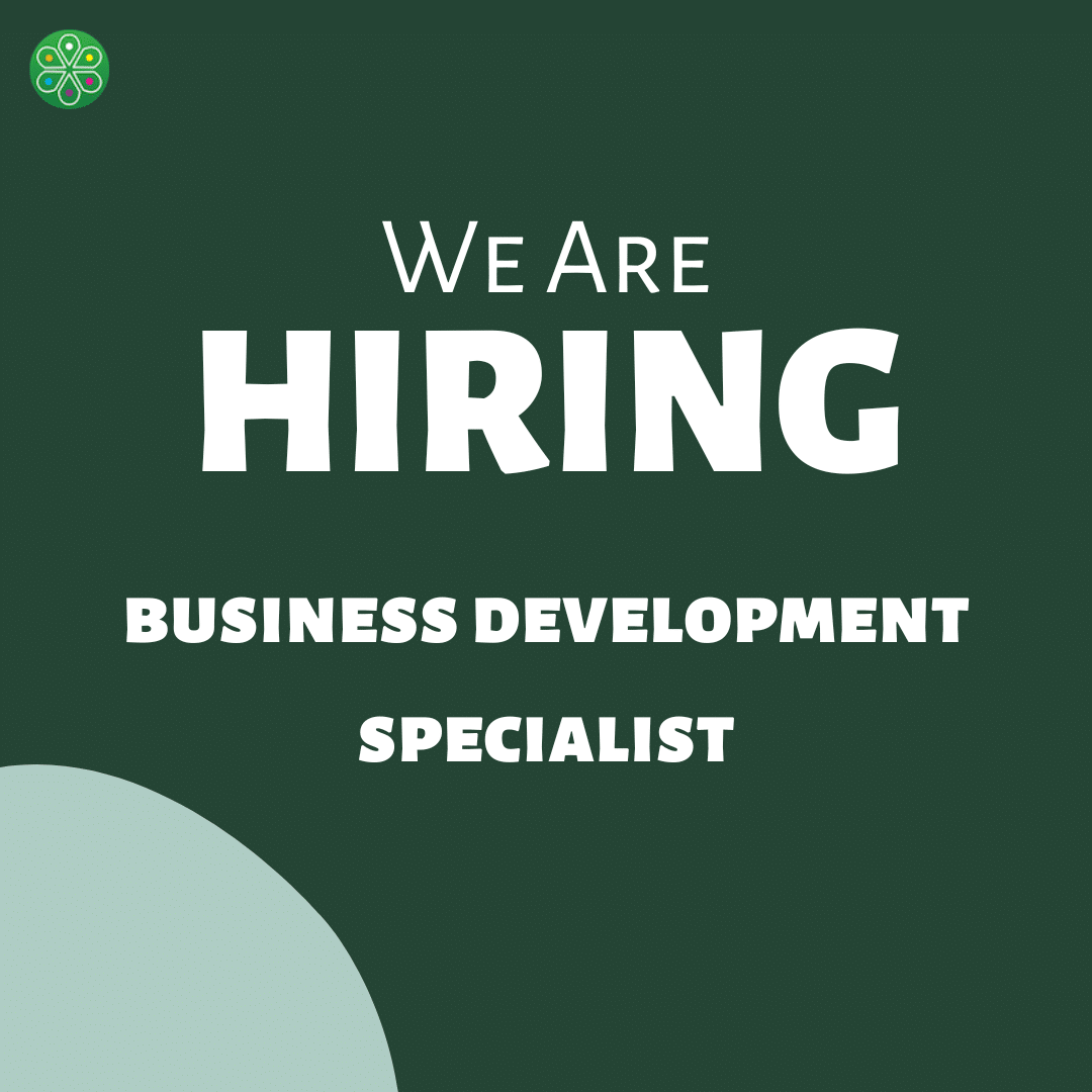 White text on dark forest green background "We are hiring: Business Development Specialist"