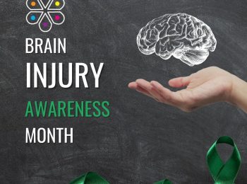 The BIAPH flower logo sits on top of the words Brain Injury Awareness Month. Each word is on a different line, with the word Awareness in Green. To the right is a hand, hovering above the hand is a black and white brain. To the bottom, a green ribbon runs through.