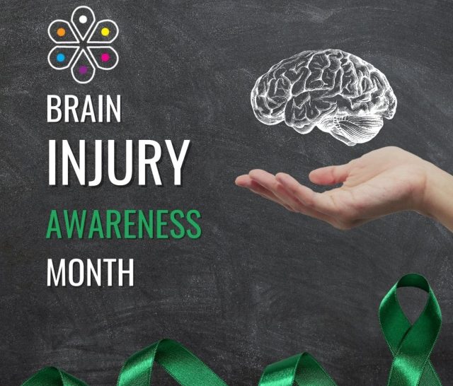 The BIAPH flower logo sits on top of the words Brain Injury Awareness Month. Each word is on a different line, with the word Awareness in Green. To the right is a hand, hovering above the hand is a black and white brain. To the bottom, a green ribbon runs through.