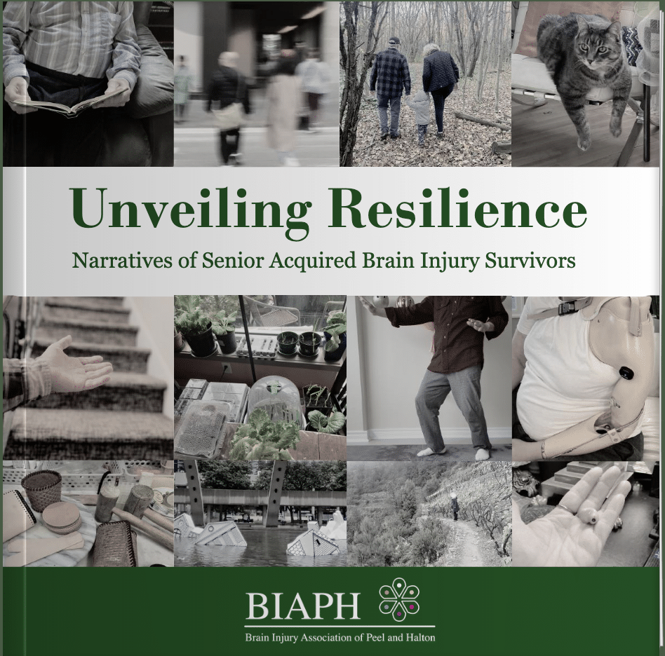 Front cover of BIAPH's Photobook: Unveiling Resilience: Narratives of Senior Acquired Brain Injury Survivors The cover is composed of a collage of photos taken by participants.