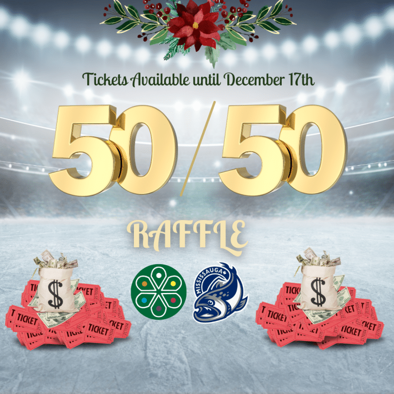 Christmas holly at the top, center. The raffle takes place between September 1 - December 17th. Win cash prizes with the 50/50 raffle. At the center, in large gold text, reads 50/50 raffle. On the bottom center, BIAPH's flower logo (green) on the left and the Mississauga Steelheads (blue) logo on the right.
