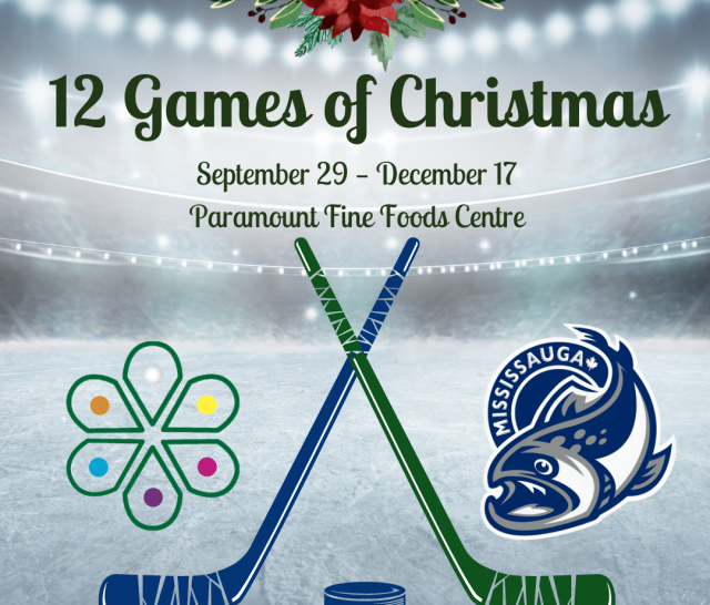 12 Games of Christmas event promo. BIAPH logo on the left (green flower), Mississauga Steelheads hockey team logo on the right.
