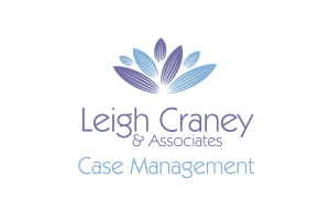 7 petal lotus shaped flower in blue and purple, with the words Leigh Craney Case Management Logo underneath