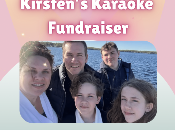 Neon pink title, "Kirsten's Karaoke Fundraiser", with a photo of the Hadleycrane family underneath.