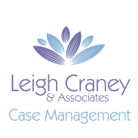 7 petal lotus shaped flower in blue and purple, with the words Leigh Craney Case Management Logo underneath